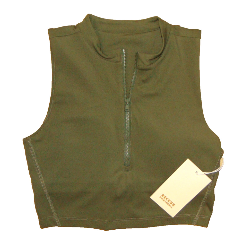 Recess Pickleball Clarkson Crop Bra NWT Small Olive Half Zip Nylon Spandex Top